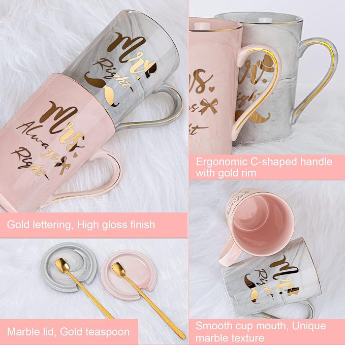 Wedding Gifts for Couples 2026, 14oz Ceramic Mr and Mrs Mug Gifts Set of 2 | Bridal Shower Engagement Anniversary Bride to be Gifts for His and Hers 2026 with Spoon Greeting Card, Luxury Gift Box