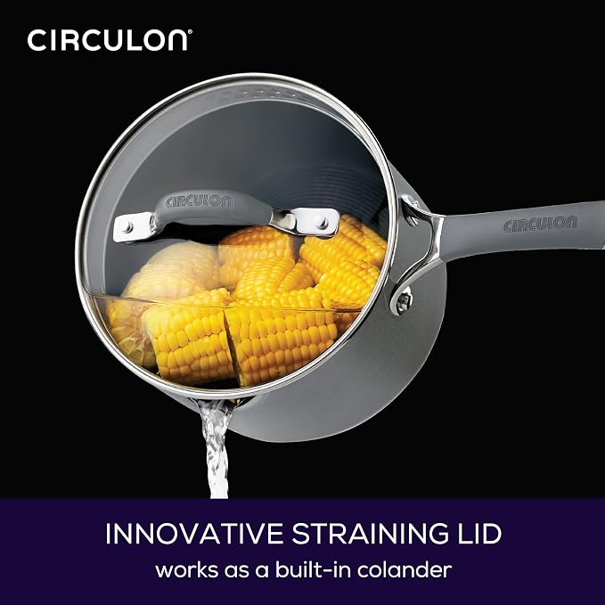 Circulon Radiance Hard-Anodized Nonstick Saucepan with Lid, 3-Quart | Straining lid for easy draining, durable hard-anodized nonstick construction for everyday cooking, in Gray