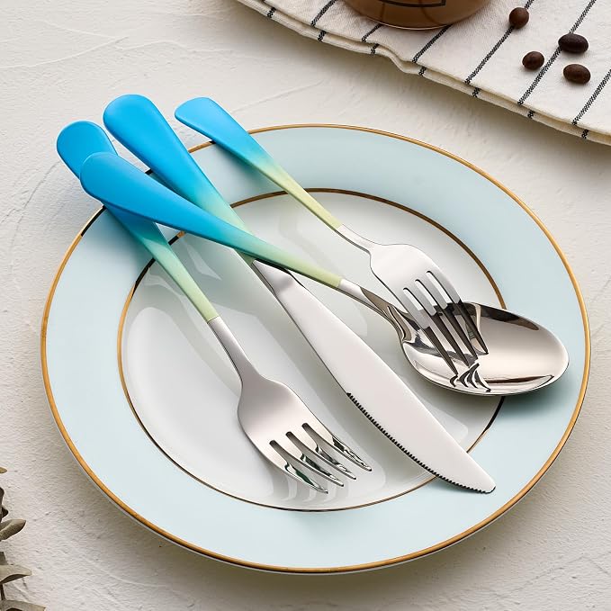 Colorful Silverware Set 20 Piece 18/0 Stainless Steel Flatware Blue and Yellow Handle Cutlery Set Service for 4 Fork Knife Spoon Set Mirror Finish Dishwasher Safe