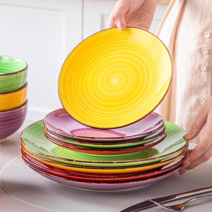 vancasso Bonita Dinnerware Set Multicolor Stoneware 12 Pieces Service for 4 | Handpainted Spirals Pattern Stoneware Plates and Bowls Set, Modern Ceramic Plate Set-Microwave and Dishwasher Safe
