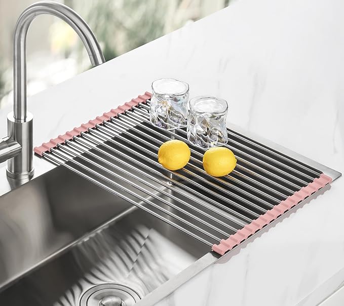 Tomorotec Roll Up Dish Drying Rack Over Sink, 304 Steel, 17.7x12.5, Pink | Anti-Slip Silicone Rims For Grip, Heat-Resistant Trivet Mat Holding Heavy Cookware, Rustproof Kitchen Counter Space Saver