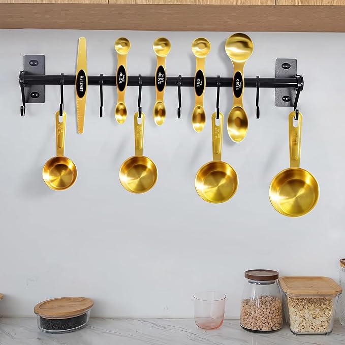 13pcs Gold Stainless Steel Measuring Cups and Spoons Set, 8 Double-Sided Magnetic Measuring Spoons Set & 4 Metal Measuring Cups & 1 Leveler for Kitchen Dry & Liquid Cooking Baking