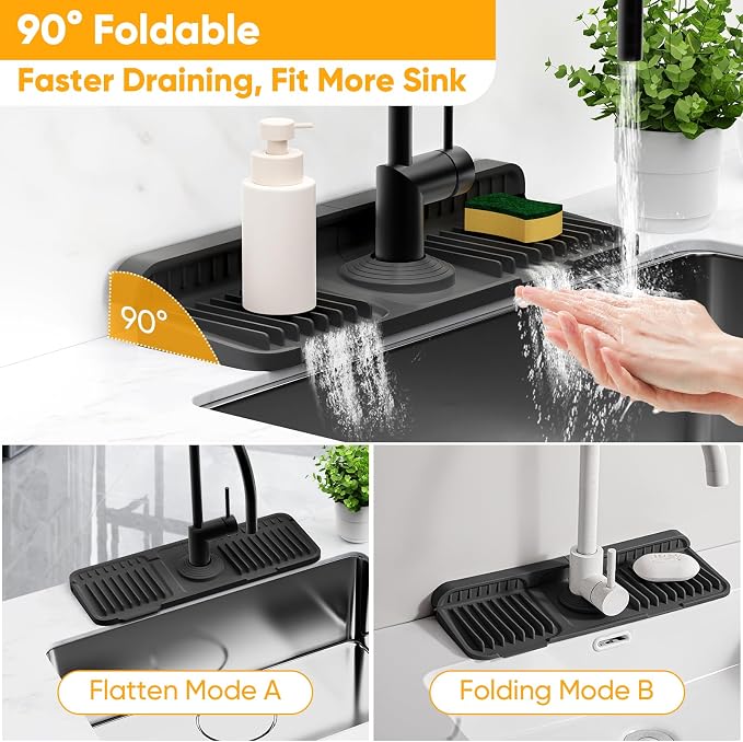 14.6 inch Faucet Mat for Kitchen Sink Splash Guard[7° Slope Fast Self-draining][Snap Lock Fit]Kitchen Sink Faucet Mat Splash Guard Kitchen Sink Area Water Splash Guard Behind Faucet Draining Mat