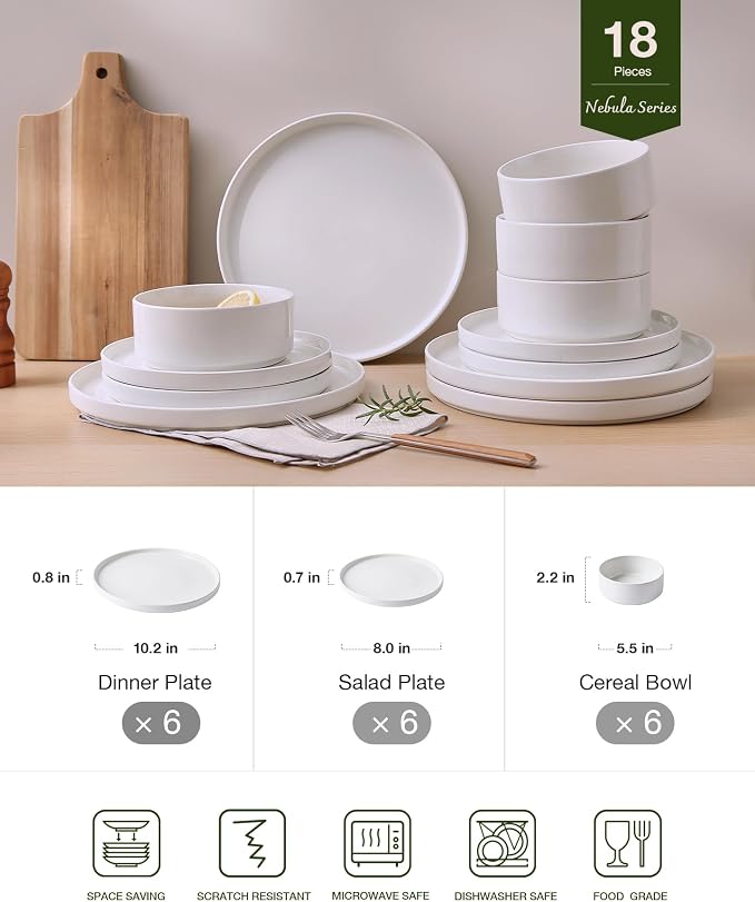Famiware Nebula Plates and Bowls, 18-Piece Dinnerware Set, White | Stoneware Dish Set for 6, Dishwasher and Microwave Safe, Chip and Scratch Resistant