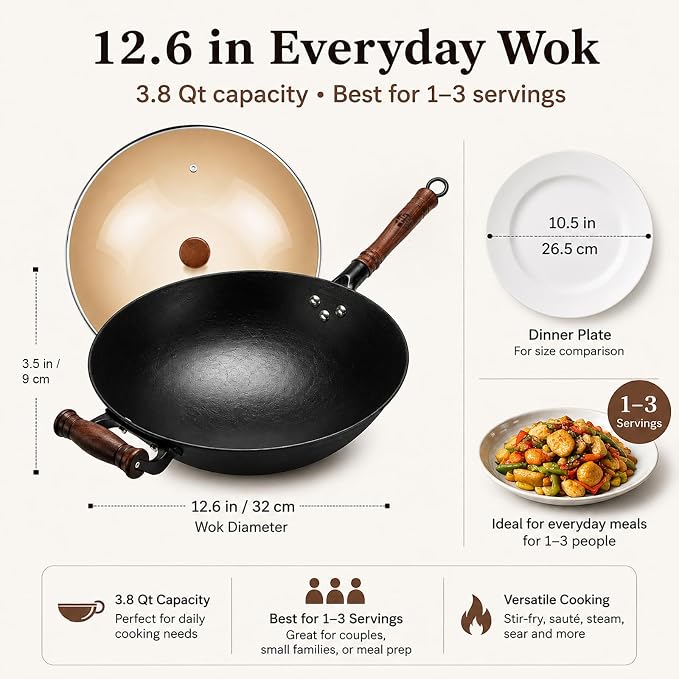 WANGYUANJI 12.6 Inch Round Bottom Cast Iron Wok with Glass Lid, Chinese Stir Fry Pan for Gas Stove & Open Flame, Uncoated Clay-Mold Texture, Wok Ring Required, Seasoning Needed