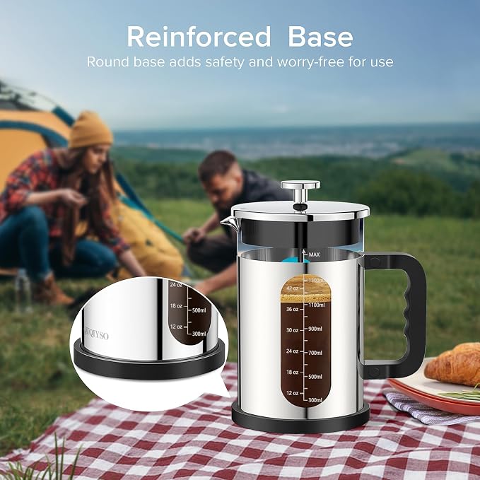 QUQIYSO French Press Coffee Maker 51oz, Stainless Steel Large French Press | Borosilicate Glass Coffee Maker,4 Filter,Coffee Press,Easy to Clean,Perfect for Party Kitchen Camping Travel Gifts(Silver)