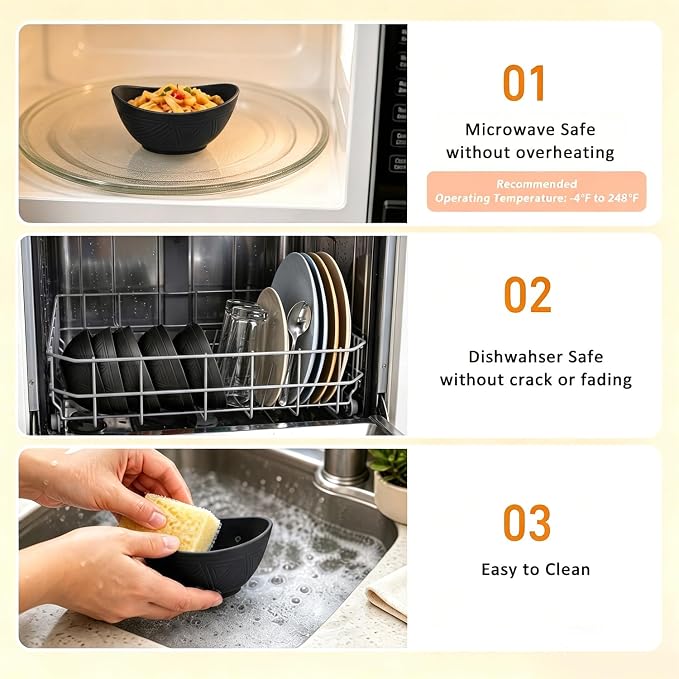 10oz Small Bowls, Unbreakable Wheat Straw Bowls Set of 6, Mini Bowl for Breakfast, Snack, Dessert, Salsa, Microwave Safe Plastic Bowls for Party, Camping, Picnic - Black