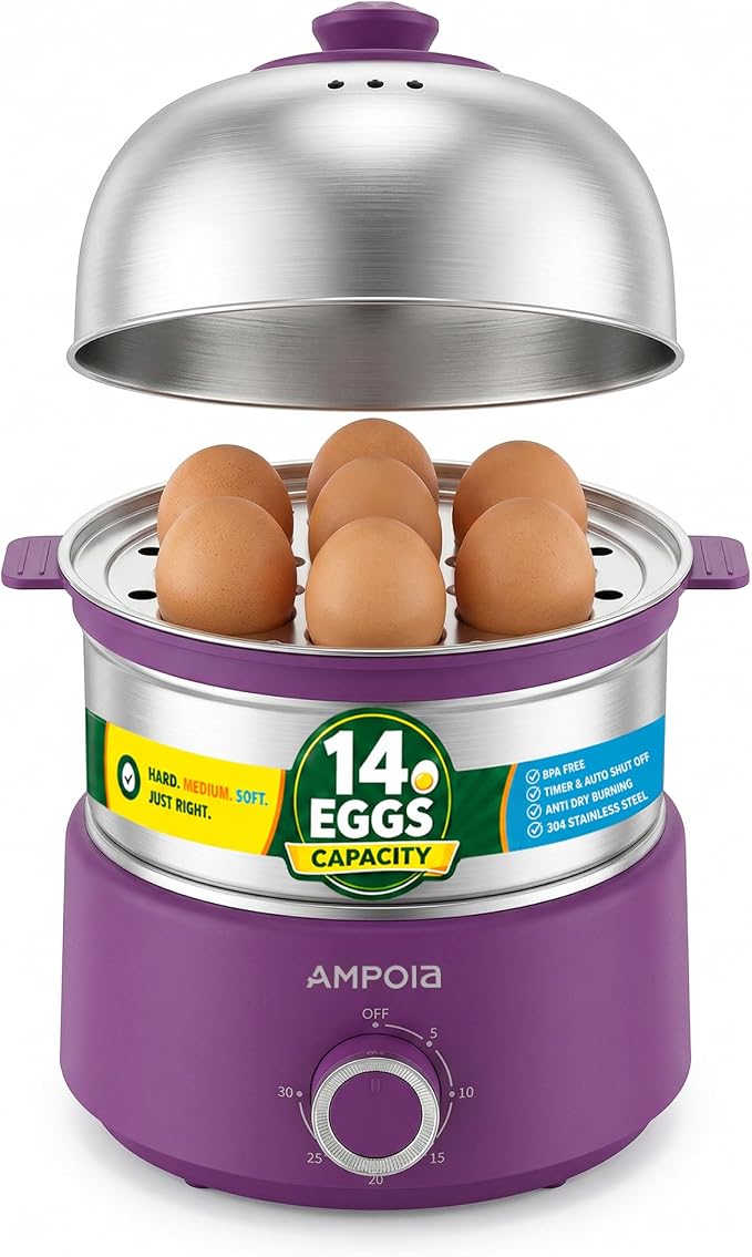 14 Eggs Electric Egg Cooker, 350W Rapid Egg Boiler with 30-Min Timer & Auto Shut-Off, Stainless Steel, Dishwasher Safe for Soft, Medium, Hard Boiled, Steamed Eggs, Vegetables & Seafood, Purple