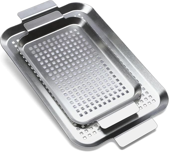 Grill Pan Set of 2, BBQ Grill Topper for Outdoor Grill, Stainless Steel Grilling Baskets with Holes and Handles, Perforated Food Tray Barbecue Accessories for Vegetable, Fish, Meat, Seafood | Stainless Steel Grilling Baskets with Holes and Handles, Per...