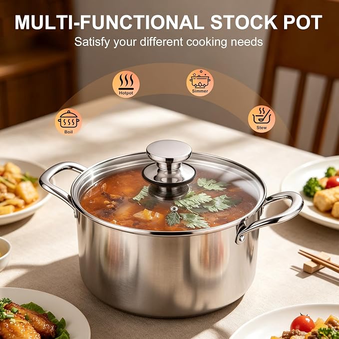 P&P CHEF 4 Quart Tri-Ply Stainless Steel Stock Pot, Cooking Pot with Lid | 4 Qt Stockpot for Soup Pasta Vegetable, Induction Cookware for All Stoves, Sturdy & Double Handle, Oven & Dishwasher Safe