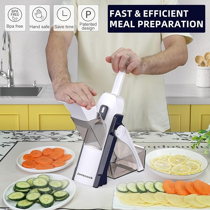 Safe Mandoline Slicer for Kitchen, Professional Vegetable Potato Slicer | 0.1-8 mm Adjustable Thickness, Food Chopper French Fry Cutte, Mandolin, Chopping Artifact Fast Veggie (just Slice, DeepBlue)