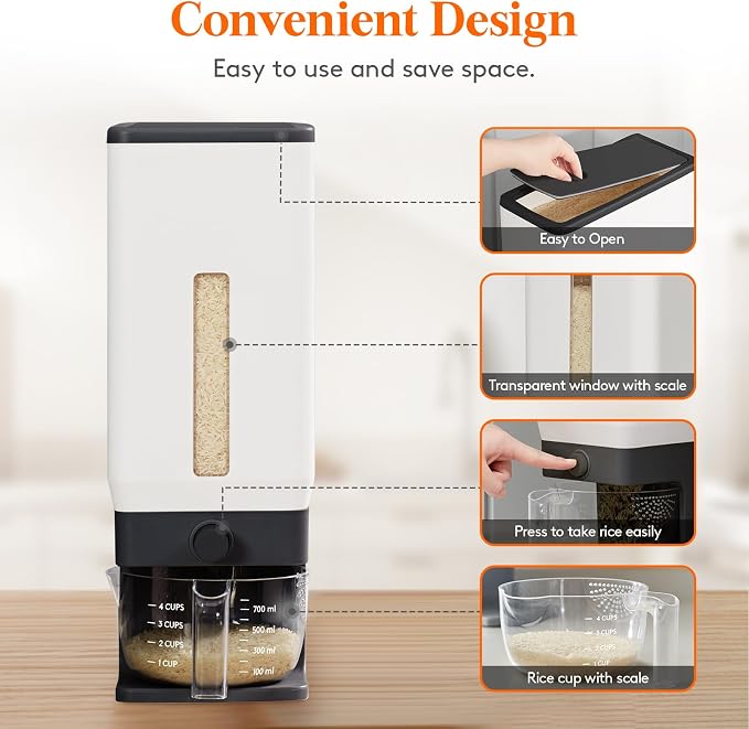 Lifewit Rice Dispenser 25 Lbs, Airtight Storage with Measuring Cup, Black | BPA-Free 11.3kg Capacity Storage Container for Beans, Corn & Other Small Grains, One-Press Dispensing Bin for Kitchen Pantry