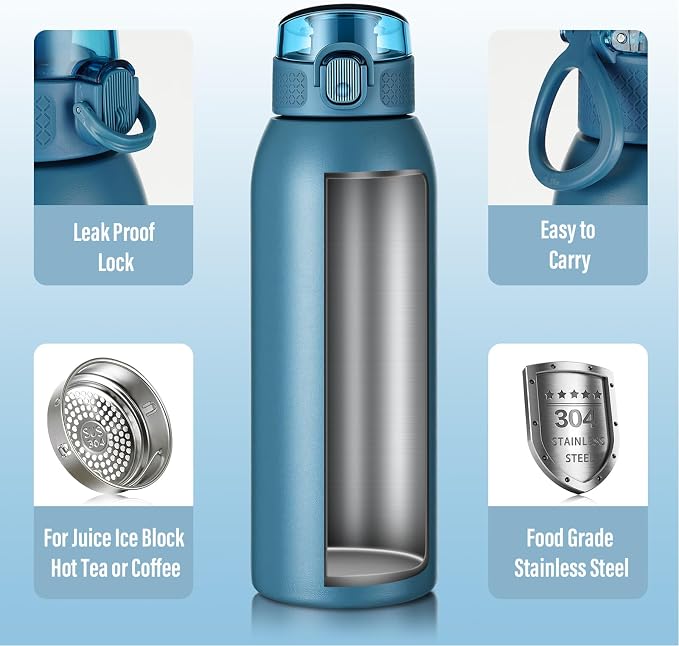 Insulated Water Bottle 24 oz with Dustproof Lid, Carry Handle & Tea Infuser, BPA-Free & Leakproof, Stainless Steel Water Bottles Ideal for Fitness, Hiking, Office & Outdoor Use (Navy Blue)