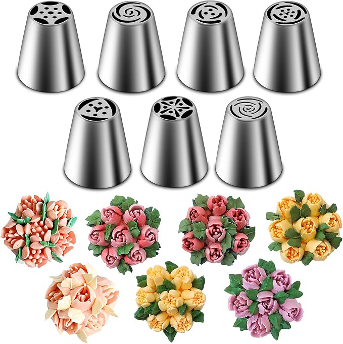 Suuker Russian Piping Tips Set, 7 Pieces | Stainless Steel, Cupcake Flower Shaped Frosting Nozzle Kit, For Pastry Cupcakes Cakes Cookies Decorating