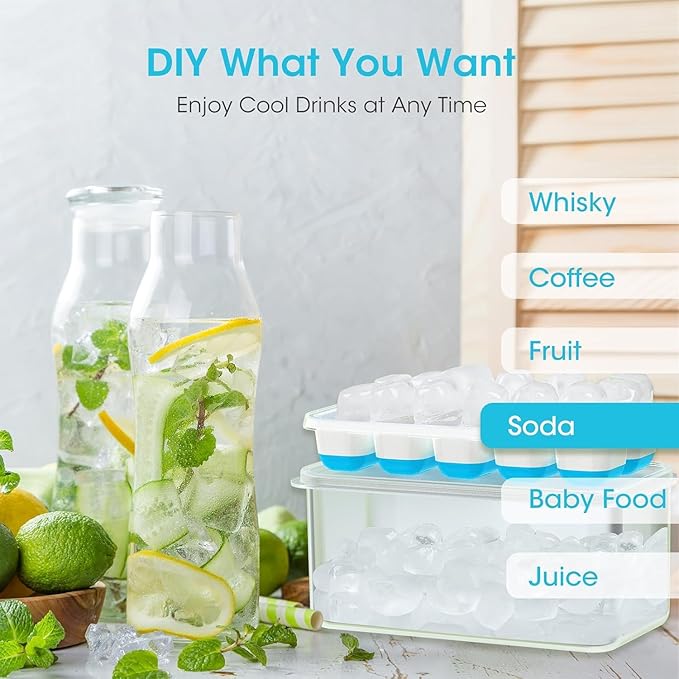 DOQAUS Ice Cube Tray with Lid and Bin,4 Pack Ice Cube Trays for Freezer | Silicone, Stackable. Easy Release Trays with Storage Bin & Scoop. Ideal for Freezer, Kitchen, RV, Cocktail, Coffee.