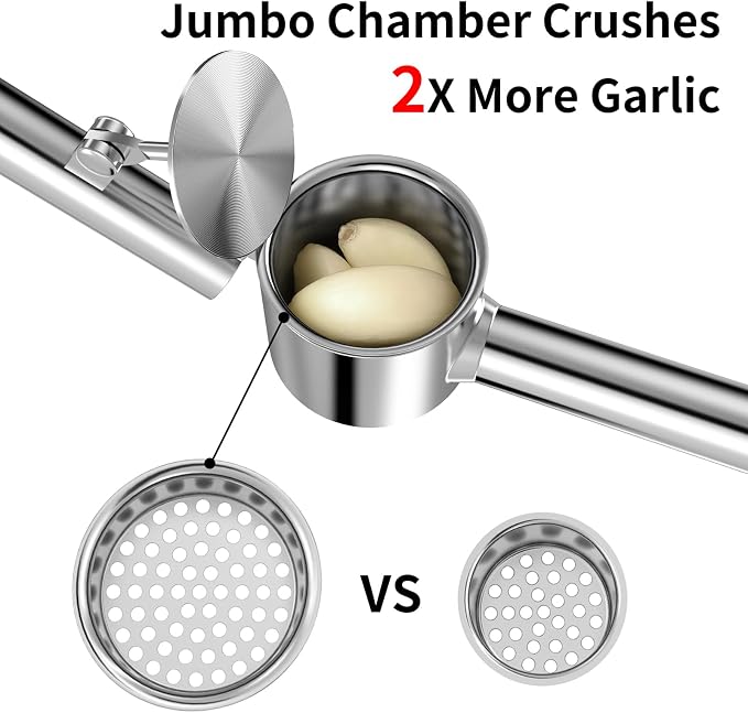 5-in-1 Stainless Steel Garlic Press Set with Jumbo Chamber & Mincer - Heavy Duty Rustproof Garlic Crusher with Ergonomic Handle, Dishwasher Safe, Easy Squeeze Design for Ginger, Nuts, Herbs