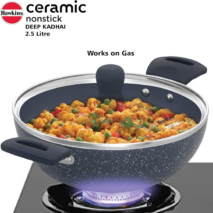 HAWKINS Ceramic Nonstick 2.5 Litre Deep Kadhai, Induction Deep Fry Pan with Glass Lid, Granite Kadai (ICK25G)
