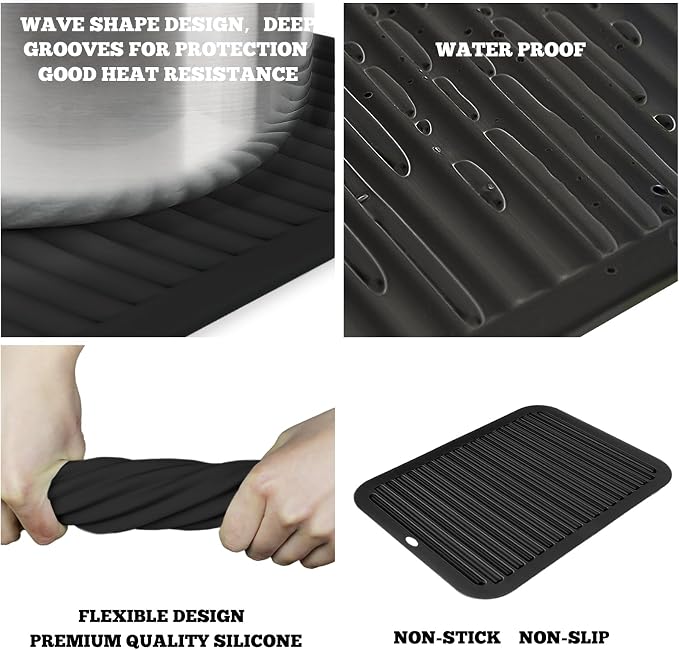 TOPULORS 3 PCS Silicone Trivets for Hot Pots and Pans 9"x12" Heat Resistant Mat Hot Pads for Kitchen Quartz Countertops - Dish Drying Mat Non-Slip Potholders Pot Holders Trivets for Hot Dishes - Black