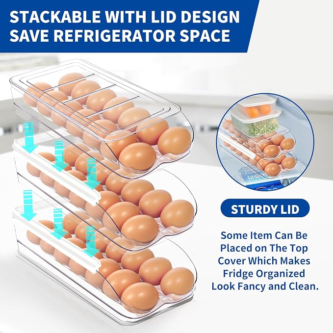 MesRosa Egg Holder for Fridge, Automatic Rolling Egg Organizer -2 Layer | Stackable Clear Egg Container & Tray for Refrigerator, Durable Dispenser and Storage with Sturdy Lid to Saving Space
