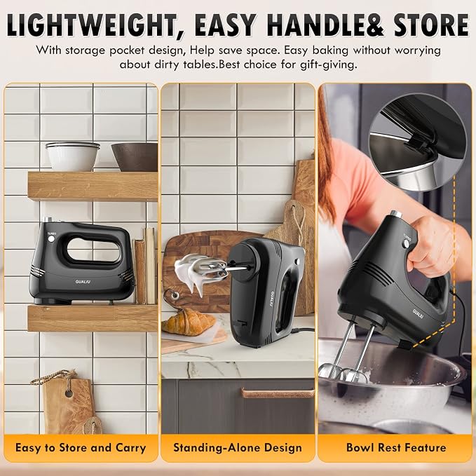 GUALIU Electric Hand Mixer, 304*(2* Beaters, 2* Dough Hooks), (1* Storage Bag) Handheld Mixer for Baking Cakes, Eggs, Cream Food Mixers, Turbo Boost /5 Speed Kitchen Blender BLACK