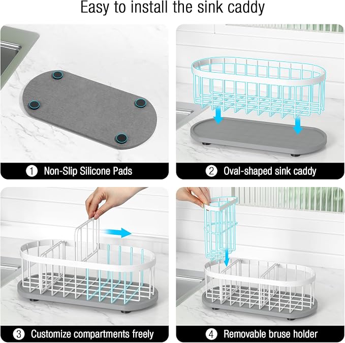 Sink Caddy Kitchen Sink Organizer, Sponge & Brush Holder, Stone Drying Mat | Space-Saving Sink Sponge Holder with Full-Size Tool Storage, Fits Most Sinks, Kitchen Sink Accessory and Countertop Organizer