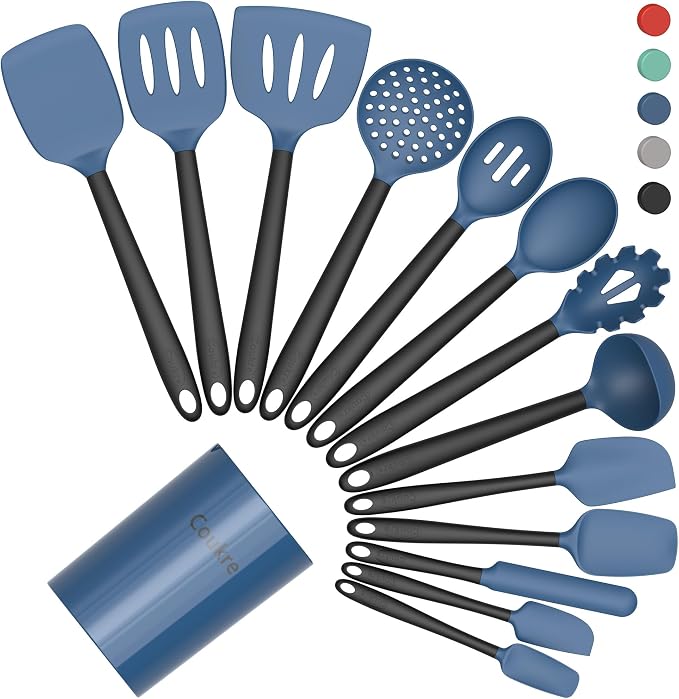 Coukre Silicone Kitchen Cooking Utensils Set, Heat Resistant, 14-Piece | Dishwasher-Safe, Food-Grade Silicone, BPA-Free, Spatulas, Spoons & Turner, Safe for Nonstick Cookware, DarkBlue