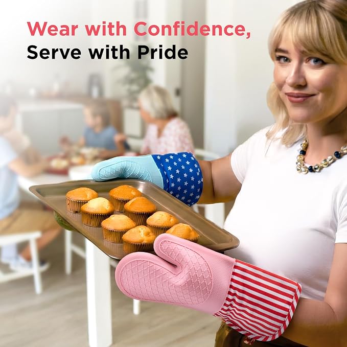 Kitchen Mama UltraShield Silicone Oven Mitts, USA Flag | Heat Resistant, Non-Slip Surface, Waterproof, Flexible, Durable