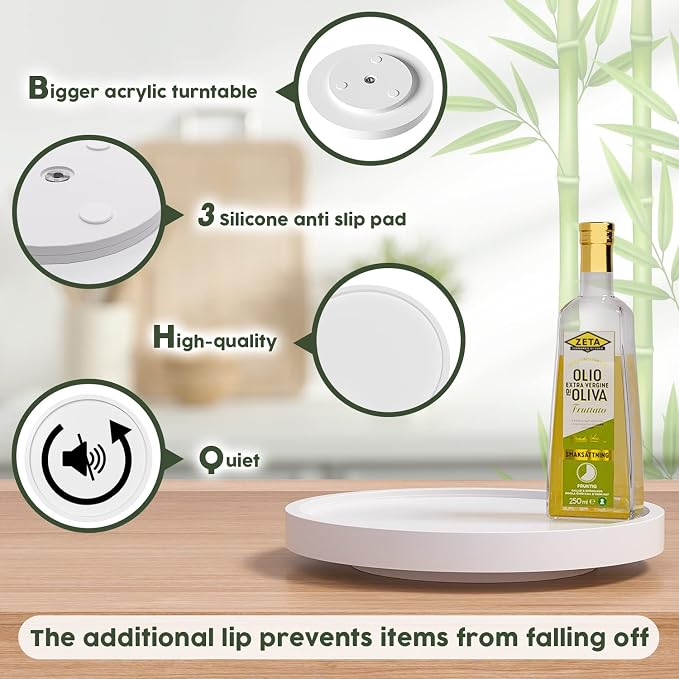 Turntable Vanity Tray, 9 Inch Bamboo Kitchen Sink Countertop Organizer | Perfume Candle Tray, Keep Glass Sponge and Soap, Bathroom Countertop Organizer, White