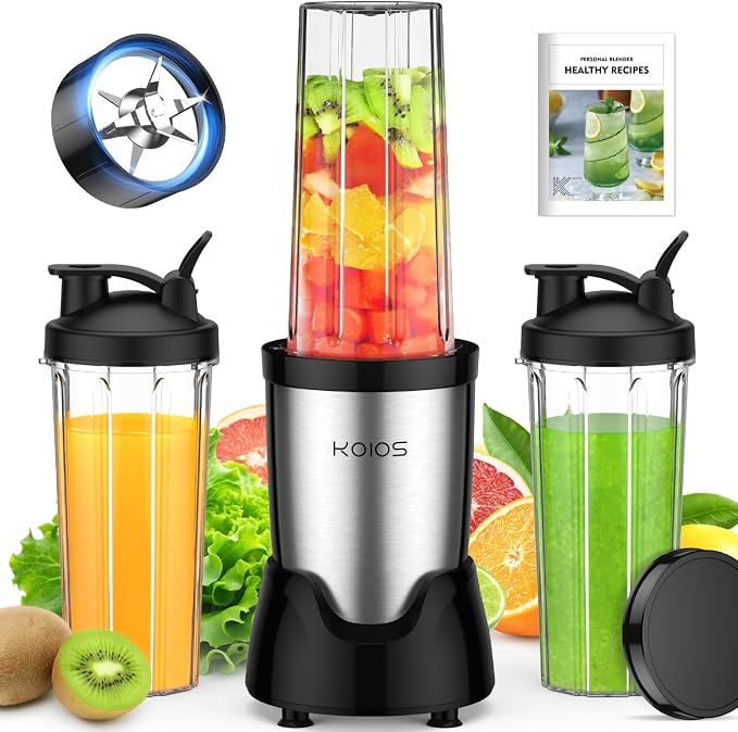 KOIOS Personal Blender for Smoothies with 3 x 22oz To-go Cups, BL319B Black | 22000 RPM Detachable Blade Countertop Blenders for Kitchen. Ideal for Baby Food, Protein Shakes, Ice Crushing & Fresh Juice