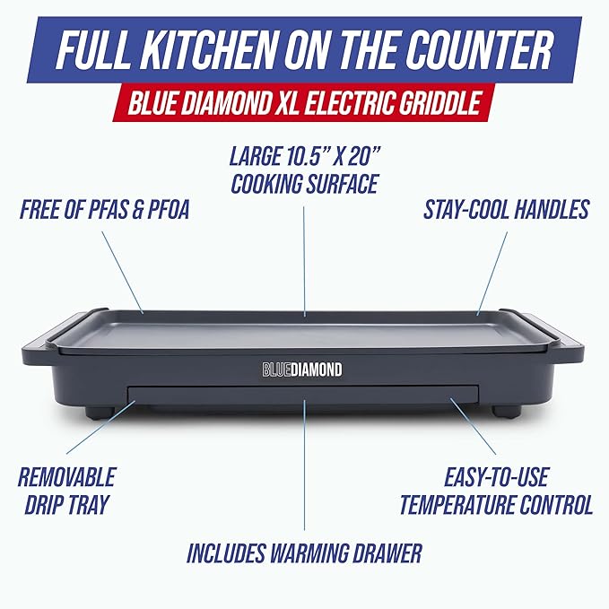 Blue Diamond 20" XL Electric Griddle, Graphite | PFAS-Free Ceramic Nonstick, Flat Top Grill/Griddle, Removable Drip Tray, Warming Drawer, Easy-Clean Design, Pancakes, Burgers
