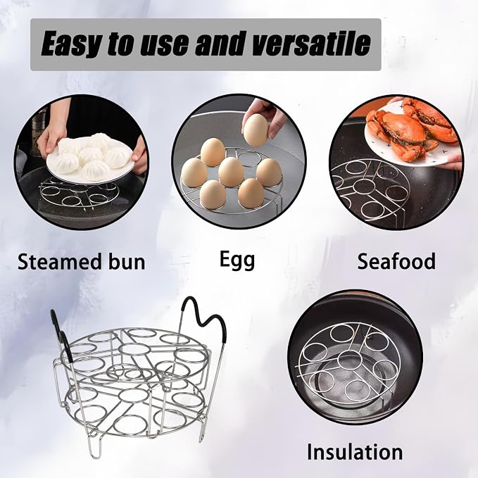 304 Stainless Steel Stackable Egg Steamer Rack Holds 18 Eggs | Double-layer Wire Steaming Rack & Skewers with Heat-Resistant Handles for 6qt/8qt Pressure Cooker Grilling