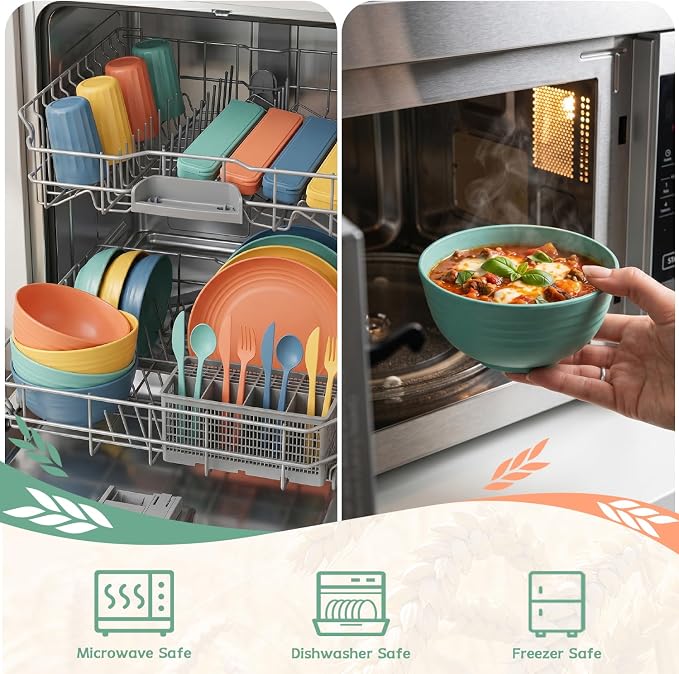 PYRMONT Wheat Straw Dinnerware Sets Unbreakable Dish Set for 4 Dishwasher & Microwave Safe Plates and Bowls Sets 28 PCS Alternative Plastic Dishes Set for Camping,Picnic,BBQ-Colorful
