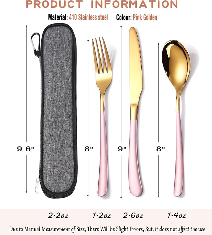 MURRI&MURRDI Travel Stainless Steel Cutlery Set for 1, Reusable Flatware Set with Case, Camping Silverware Set for Work, Knife Fork Spoon Utensil Set 3 Piece (Pink Gold)