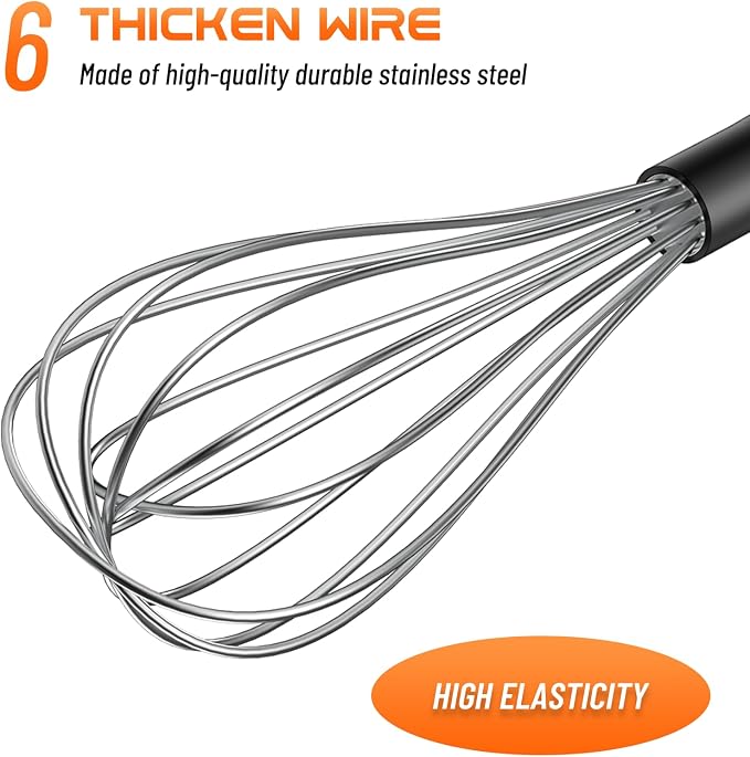 NileHome Silicone Whisk 10", Kitchen Whisk Kitchen Wisk Wire Whisks for Cooking, Whisking, Blending, Beating, Stirring-Black Silver