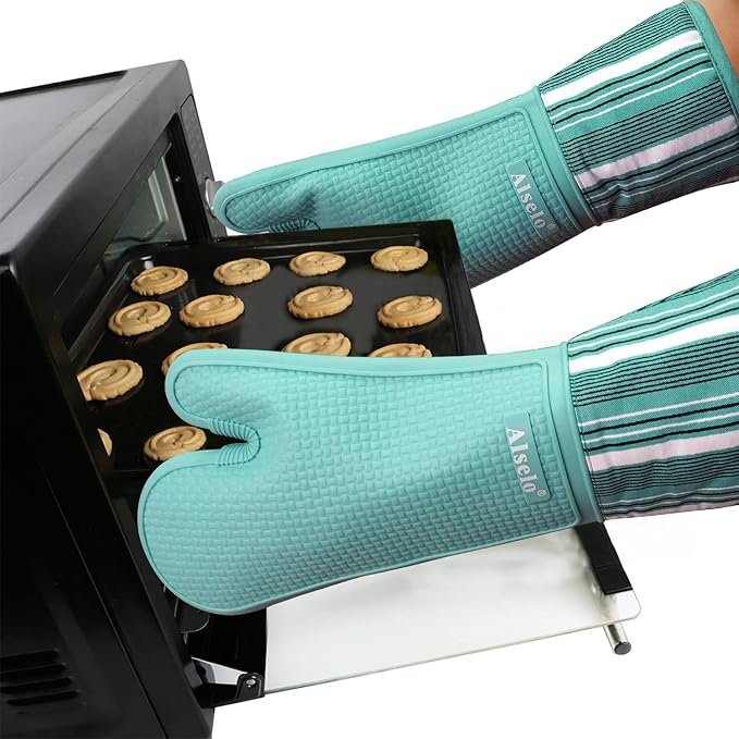 Alselo Silicone Oven Mitts Set, Heat Resistant 550 Degree,7.5"x16" | Extra Long Kitchen Mittens,Waterproof & Non-Silp Oven gloves for Baking Cooking Barbecue Microwave (Extra Long Blue, 2)