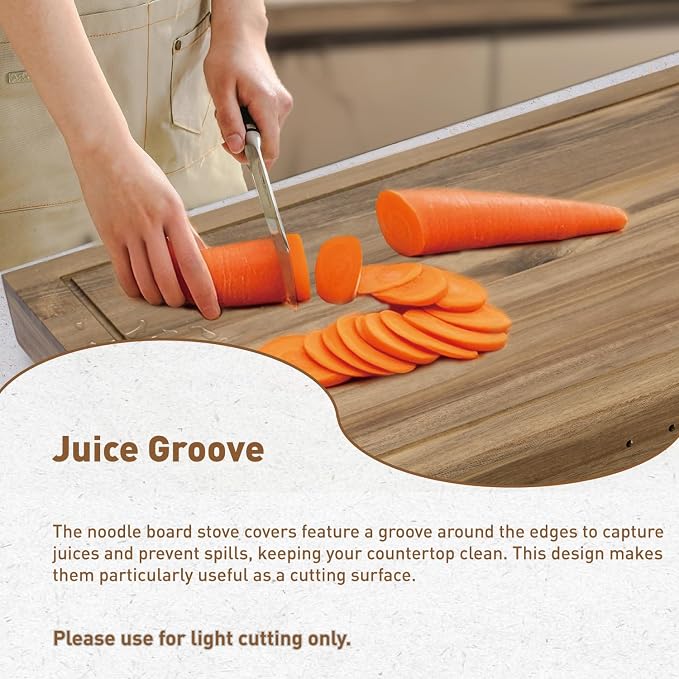 Buruis Acacia Wood Stove Cover for 28.82 x 20.83 Inch Gas & Electric Stoves | Noodle Board Design with Juice Groove, Extra Counter Space, Built-In Handles, Multi-Purpose Kitchen Serving Board