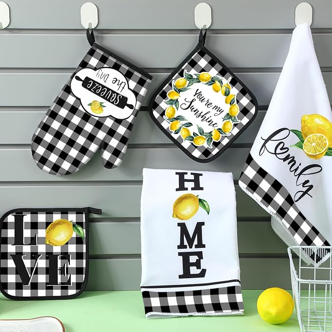 5 Pcs Buffalo Plaid Kitchen Towels Oven Mitts and Pot Holder Set,Lemon | Lemon Checkered Kitchen Decor, Black and White Kitchen Towels Oven Gloves, Lemon Farm House Accessories Decor, High Quality