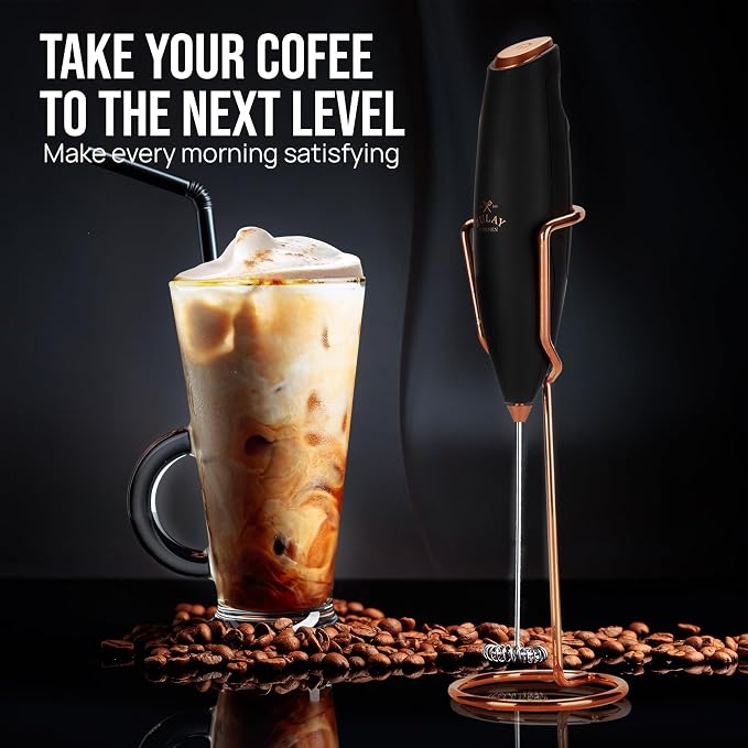Zulay Kitchen Powerful Milk Frother Wand With Duracell Batteries - Ultra Fast Handheld Drink Mixer - Electric Whisk Foam Maker for Coffee, Lattes, Cappuccino & Matcha - Z1 Motor - Exec Black Copper