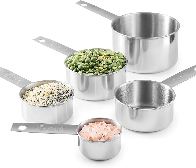 Laxinis World Stainless Steel Measuring Cups and Spoons Set, 10-Piece | Satin-brushed Steel, Engraved Metric and US Standard Markings, Elongated Handles, Nesting Ring Storage, and Dishwasher Safe