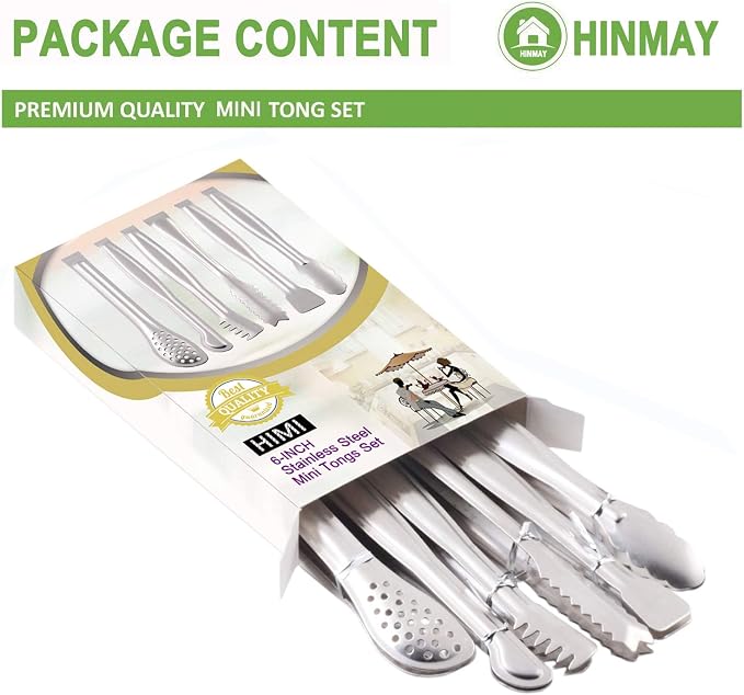 HINMAY Small Serving Tongs Set 6" Stainless Steel Mini Tongs, Set of 6