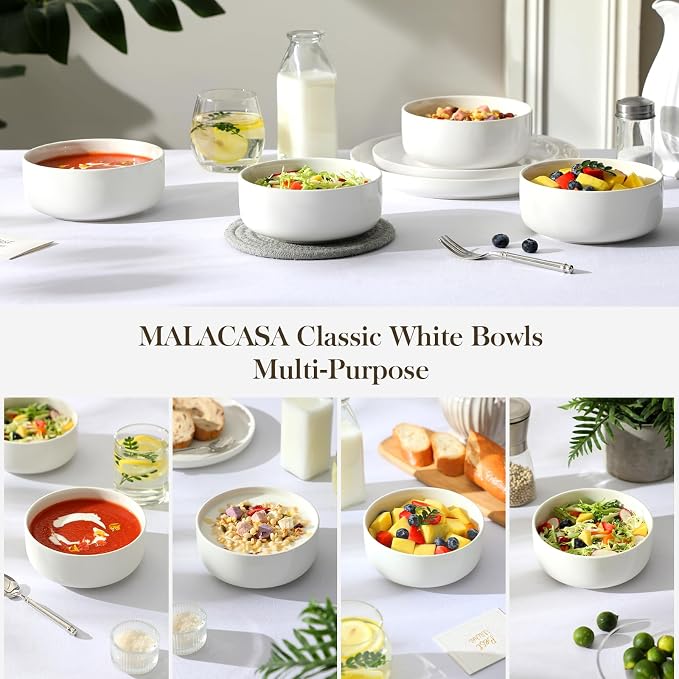 MALACASA 24 OZ Ceramic Bowls Set of 4, White Bowls for Soup Oatmeal | Breakfast Bowls for Kitchen Daily Use, Yogurt, Cereal, Soup, Dessert, Dishwasher Microwave Oven Safe, Series LUNA