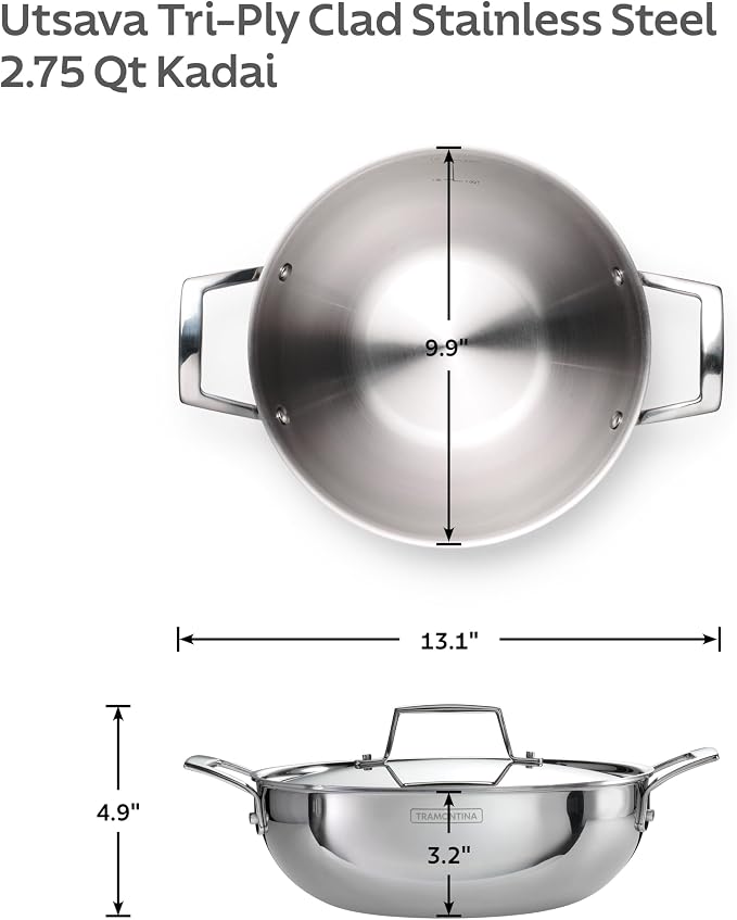 Tramontina Utsava 2.75-Quart Tri-Ply Clad Stainless Steel Kadai with Lid | Kadhai Pot for Indian Cooking