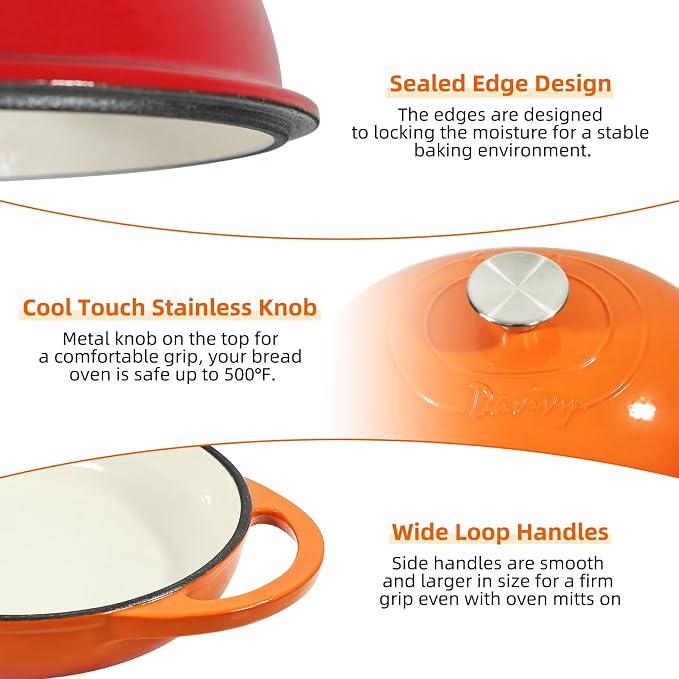 Davivy 11" x 8.7" Oval Bread Oven with Domed Lid, Enameled Oval Dutch Oven Pot for Sourdough Bread Baking 6QT, Non-stick Cast Iron Sourdough Pan Bread Cloche with Lid - Flame Orange