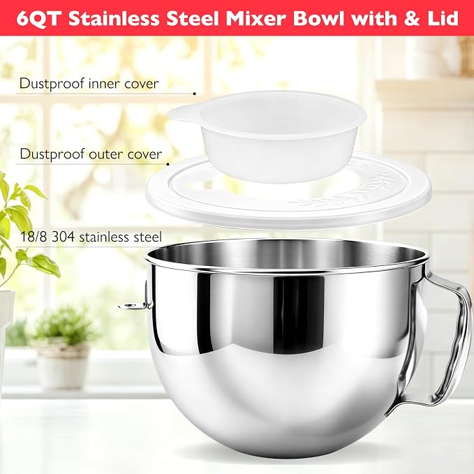 6QT Replacement Stainless Steel Bowl for KitchenAid Bowl-Lift Mixers | Food-Grade 18/8 Stainless Steel 6qt Bowl With Handle. Fits Pro 600. Ideal For Large Family Baking Without Splashing.