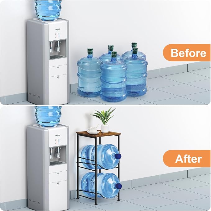 Water Bottle Holder Organizer 5 Gallon Water Jug Holder with Top Shelves 2 Tier Water Cooler Jug Storage Rack Heavy Duty Water Dispenser Stand for 5 Gallon Bottle Kitchen Office Living Room Brown