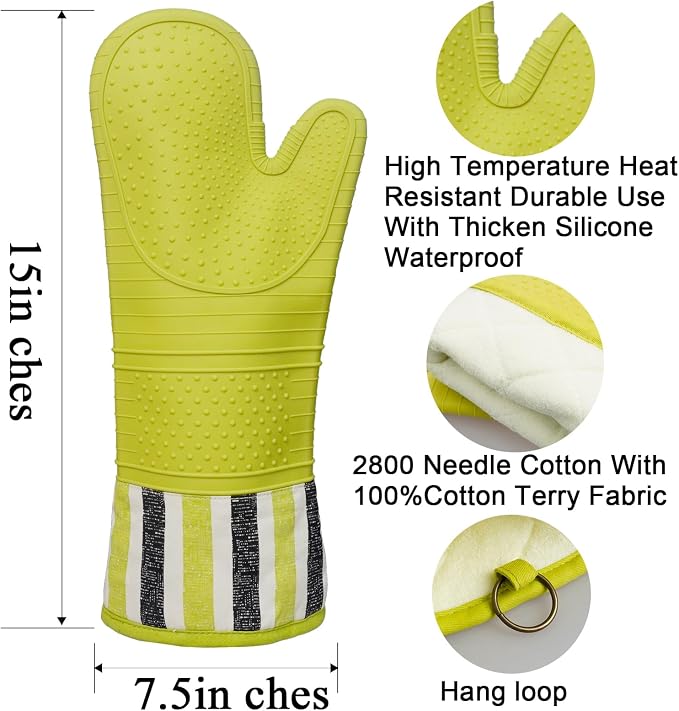 Heat Resistant 550 Degree Oven mitt, Silicone Oven Hot Mitts - 1 Pair, Extra Long Professional Baking Oven Gloves - Food Safe,Pot Holders Cooking,Grilling,Kitchen (Vanilla)