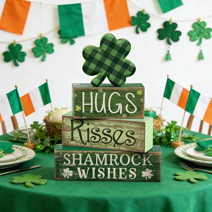 Lineshading 4 Pcs Shamrock Wooden Block Signs for Tiered Tray Home Decor | Rustic Farmhouse Table Ornaments, Buffalo Plaid Clover Topper, Stacked Signs Hugs Kisses Shamrock Wishes, St Patrick Decor