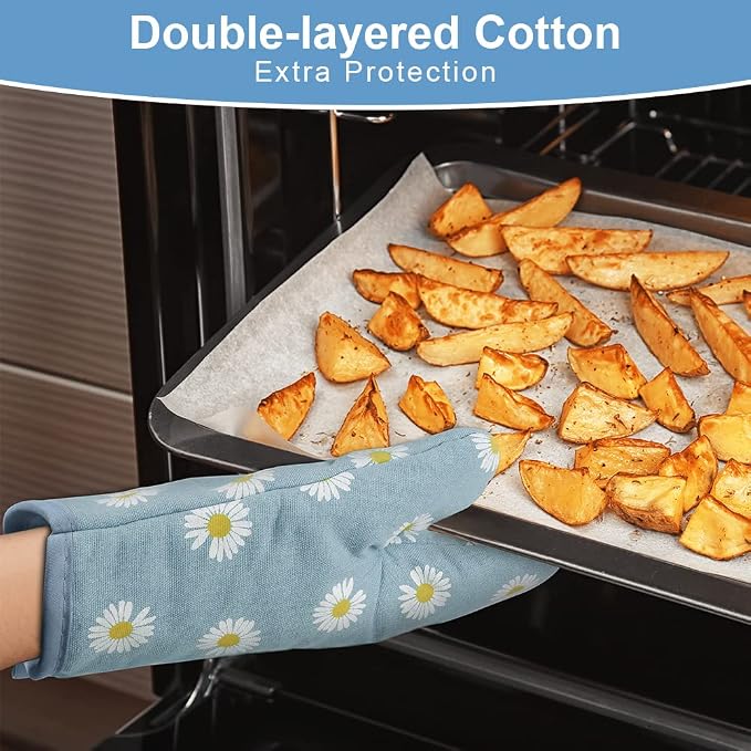 AUAUY Oven Mitts and Pot Holders 4PCS Set, 392°F Heat Resistant, Daisy-Blue | Cooking Gloves and Hot Pads Baking Mittens, Grilling Gloves BBQ Gloves Non-Slip Kitchen Mittens for Oven Cooking Baking BBQ