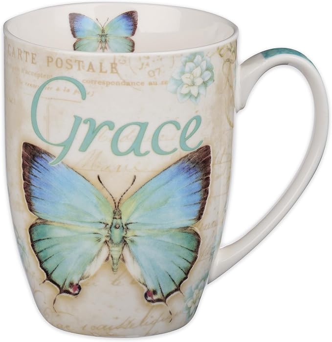 Christian Art Gifts Botanic Blue Butterfly Ceramic Coffee Mug – Inspirational Coffee Cup for Women & Men 12 oz. Lead-free Microwave and Dishwasher Safe Coffee Mug with Bible Verse: Grace - Eph. 2:8