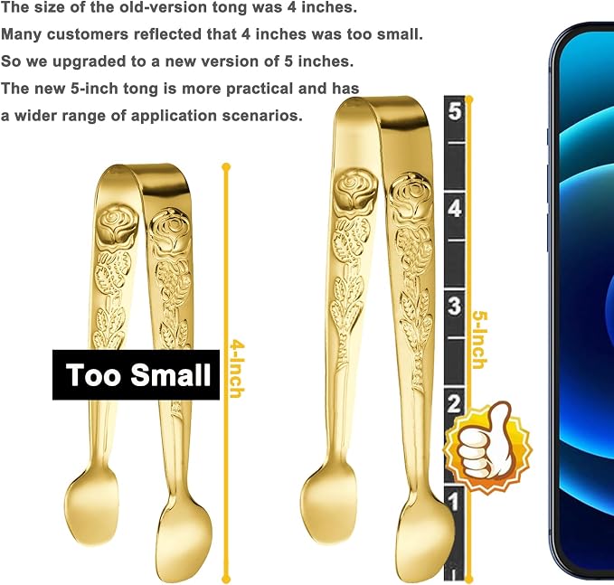 HINMAY 6PCS Mini Serving Tongs 5" Small Rose Appetizer Tongs (Gold) | Tiny Metal Tong for Tea Party, Coffee Bar, Desserts